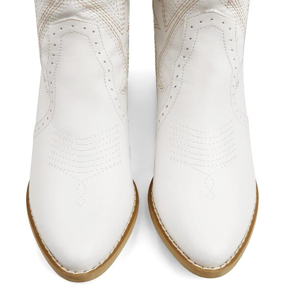 ⚡Women White Synthetic Mid-calf Cowboy Pointy Toe Chunky Heels Western Boots - Picture 2 of 8